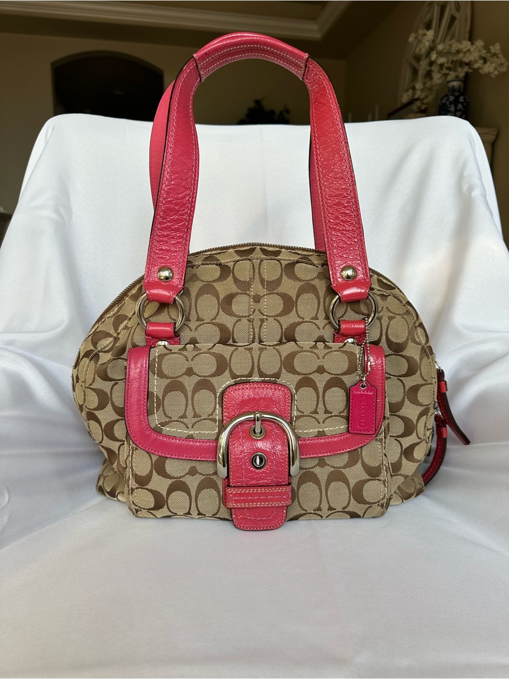 Coach Khaki Signature Dome Satchel with Pink Trim